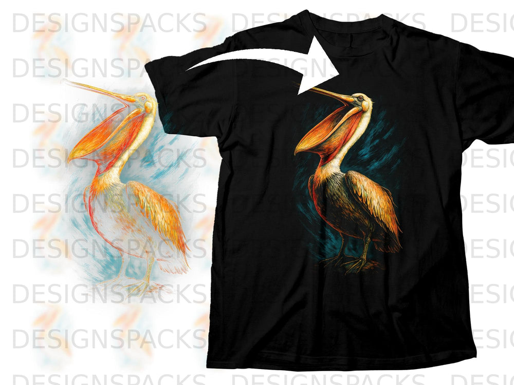 Black t-shirt with a colorful illustration of a pelican opening its beak.
