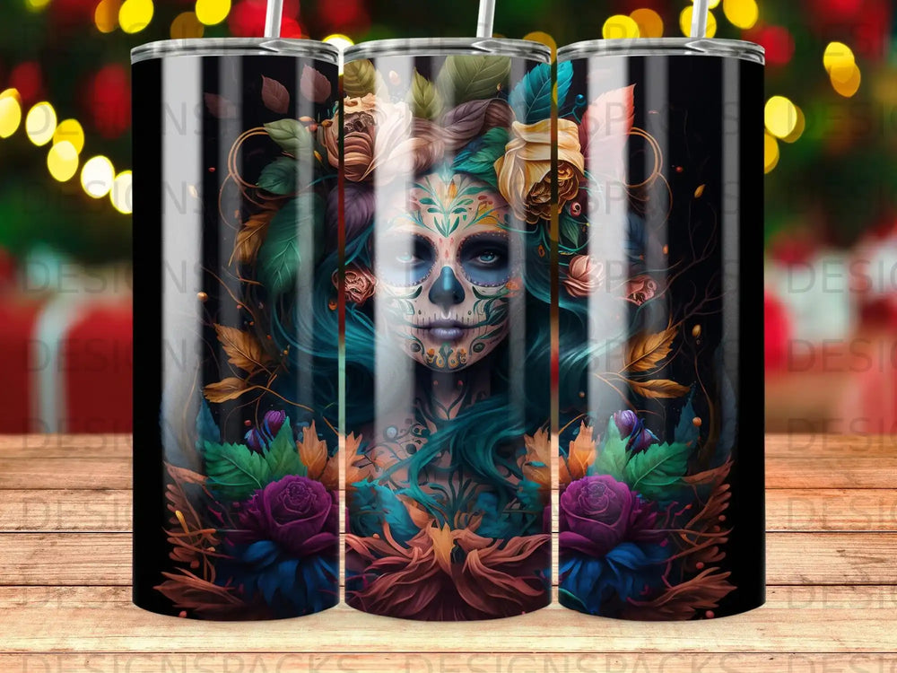 Sugar skull woman with flowers and intricate makeup.