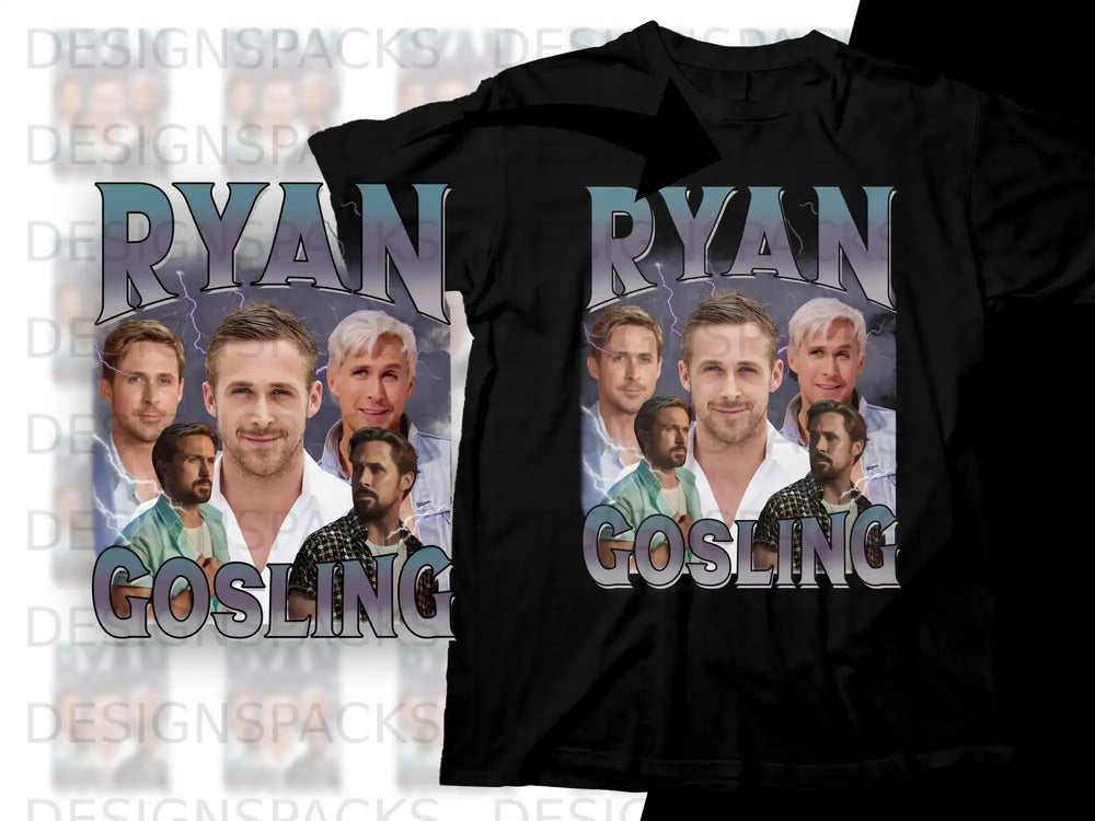 Ryan Gosling t-shirt graphic with multiple portraits and the name "Ryan Gosling."