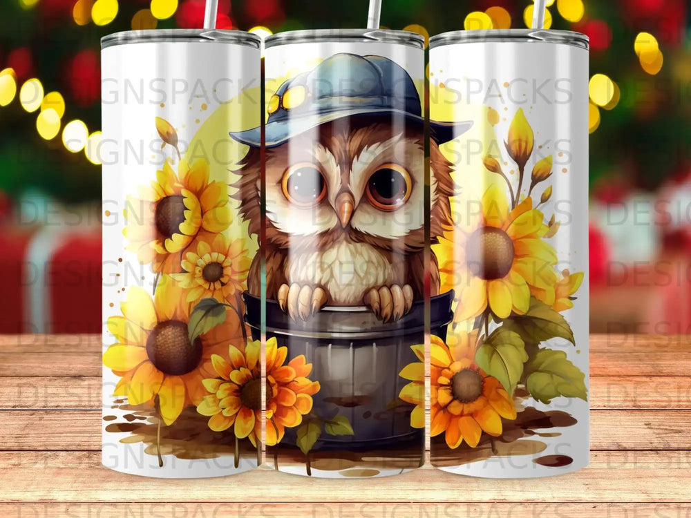 Owl peeking from a bucket with sunflowers.