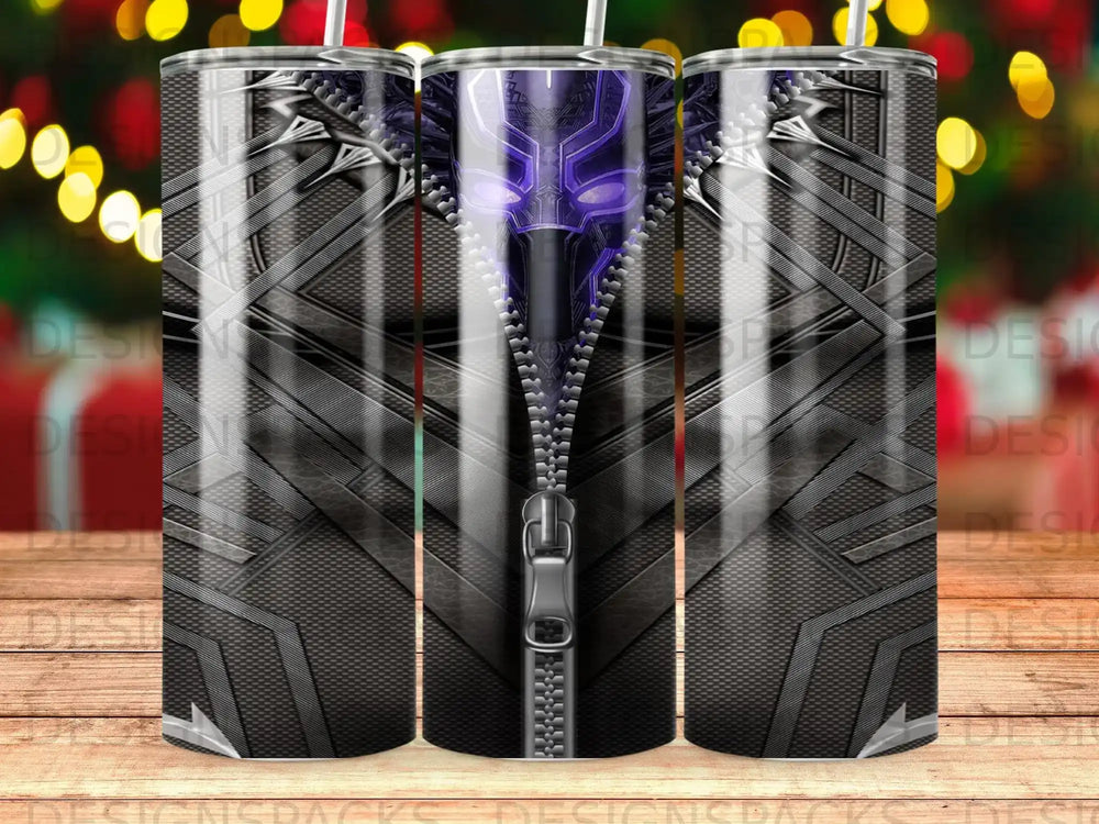 Black Panther mask zipper design on a tumbler.