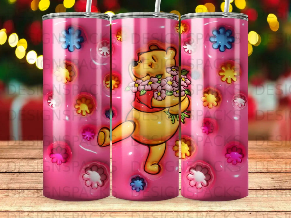 Winnie the Pooh holding a bouquet of pink flowers on a pink striped background.
