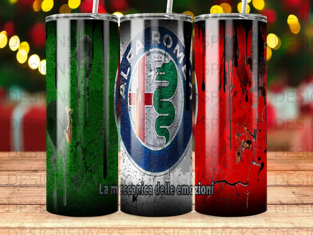 Alfa Romeo logo on three tumblers with dripping paint effect and Italian text.