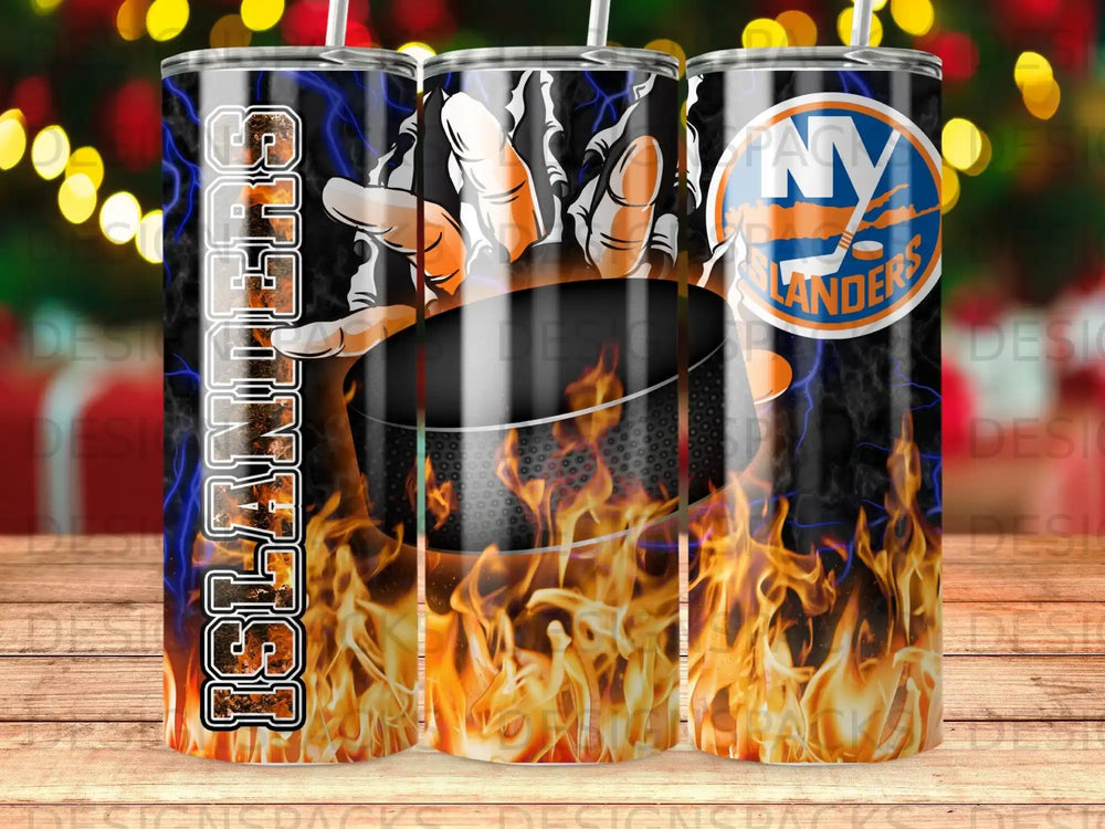 New York Islanders hockey tumbler with flames and team logo.