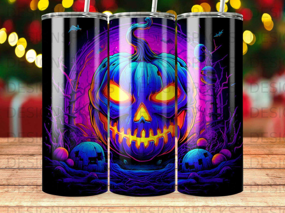 Jack-o'-lantern with glowing eyes in spooky forest, surrounded by pumpkins.