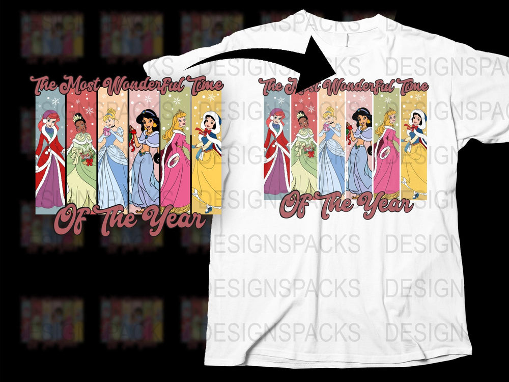 Disney Princesses Christmas T-Shirt, Festive Holiday Tee for Women, Kids, Cute Cartoon Character Apparel