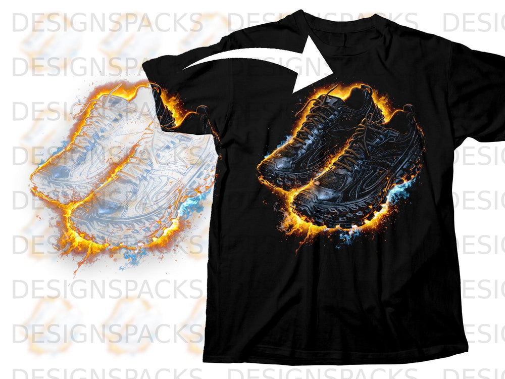 Black t-shirt with a fiery graphic of black sneakers.