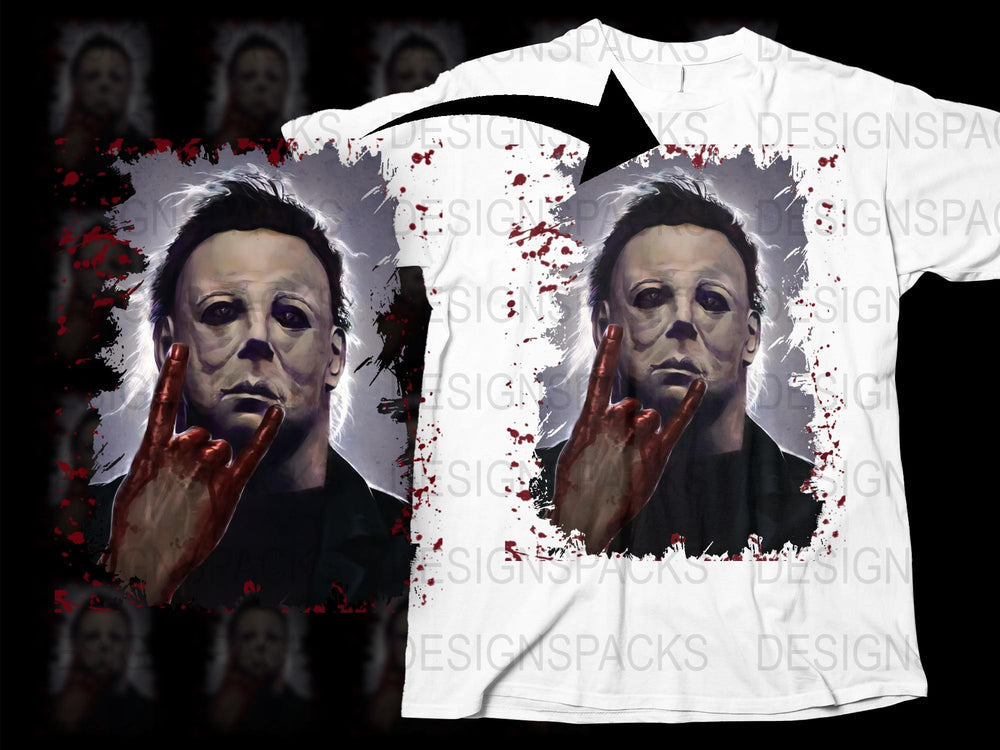 Horror Movie Themed T-Shirt, Classic Villain Graphic Tee, Blood Splatter Design, Unisex Adult Sizes