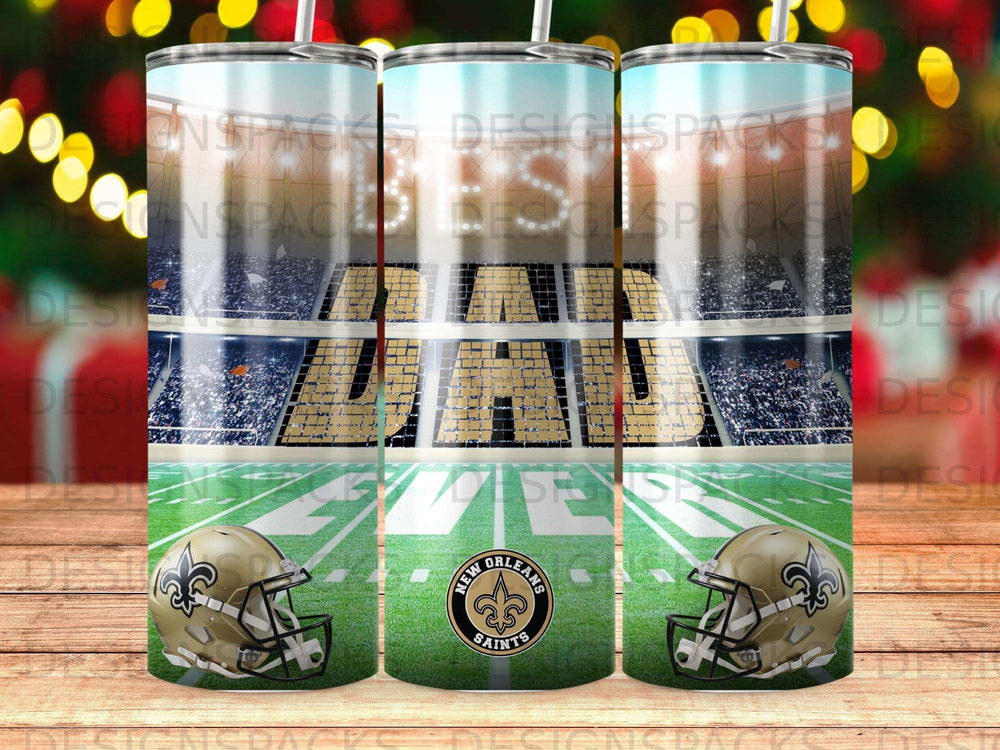 New Orleans Saints football stadium and helmets with "DAD" text.