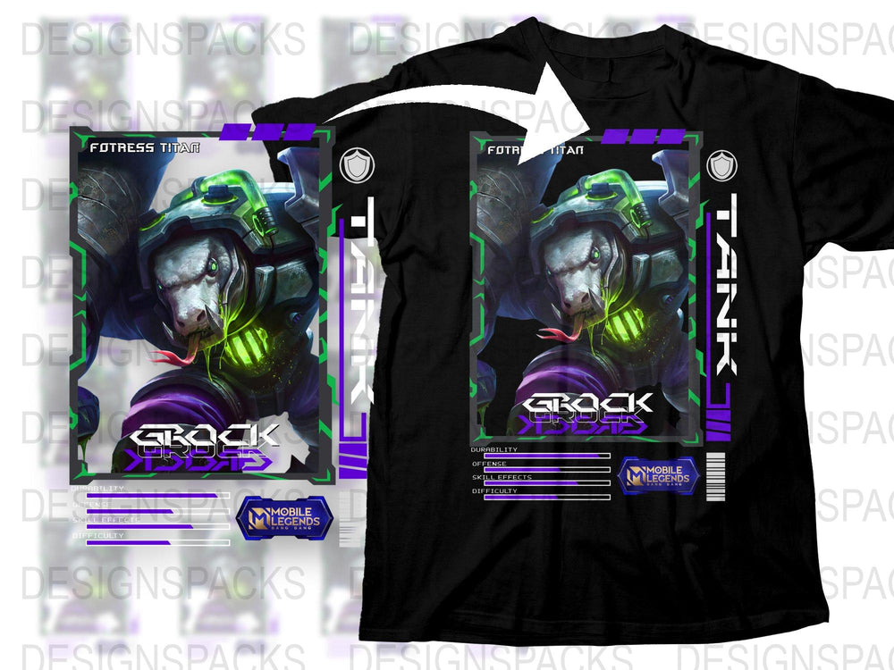 Mobile Legends Graphic T-Shirt, Fortress Titan Grock Design, Men's Gaming Apparel, Purple and Black Tee