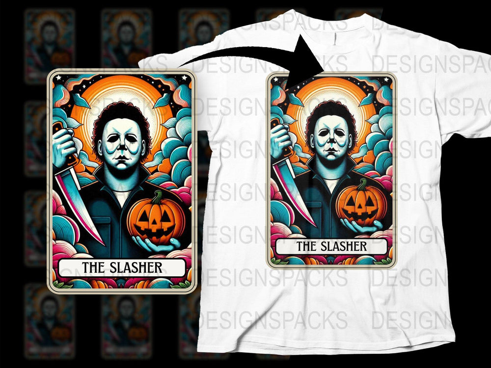 The Slasher Halloween T-Shirt, Vintage Horror Movie Character Tee, Pumpkin and Knife Graphic Shirt, Unisex Horror Film Apparel