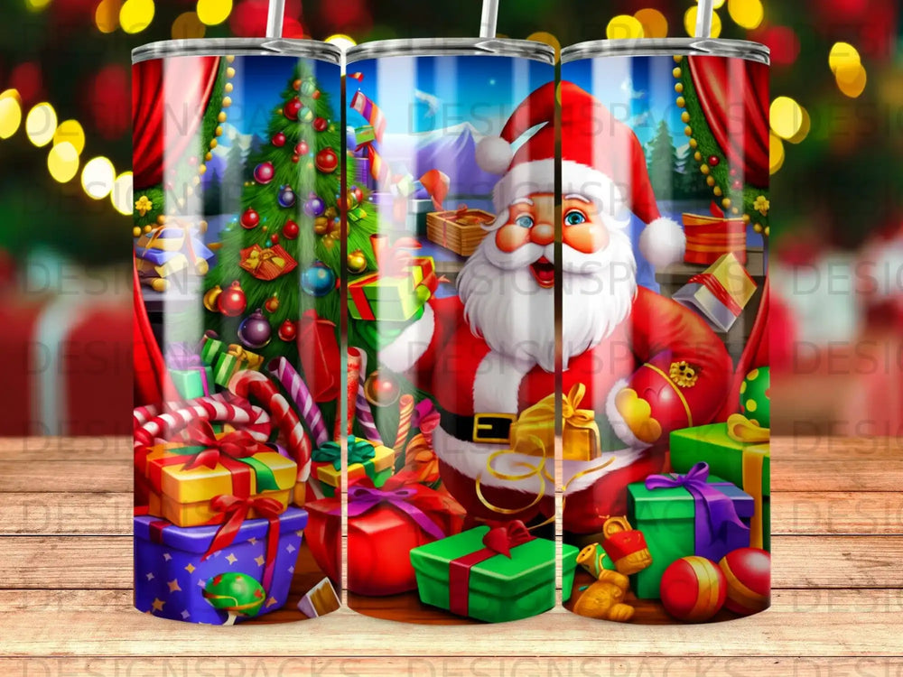 Santa Claus holding gifts beside a decorated Christmas tree and presents.