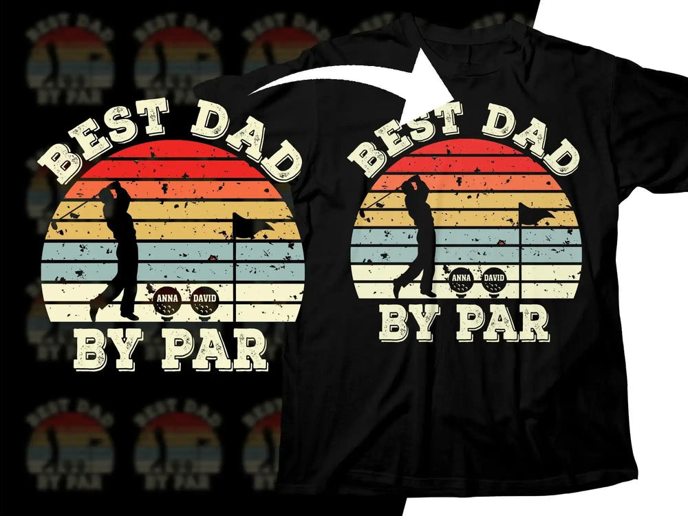 Best Dad by Par vintage golf t-shirt design with sunset silhouette and personalized names