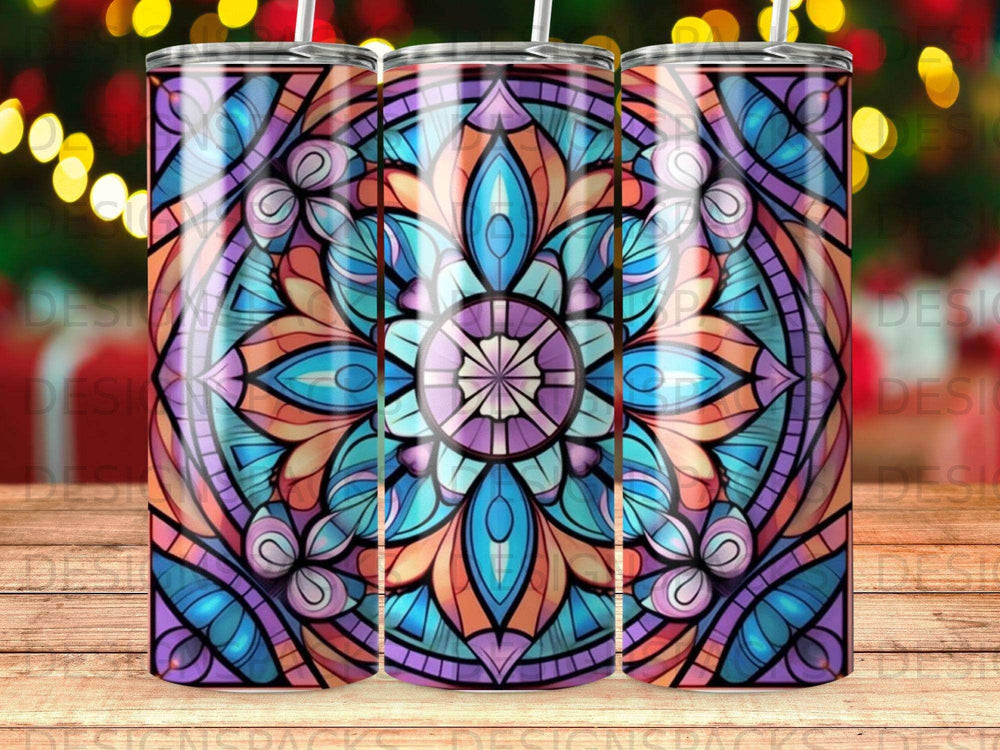 Stained glass mandala pattern on a tumbler.