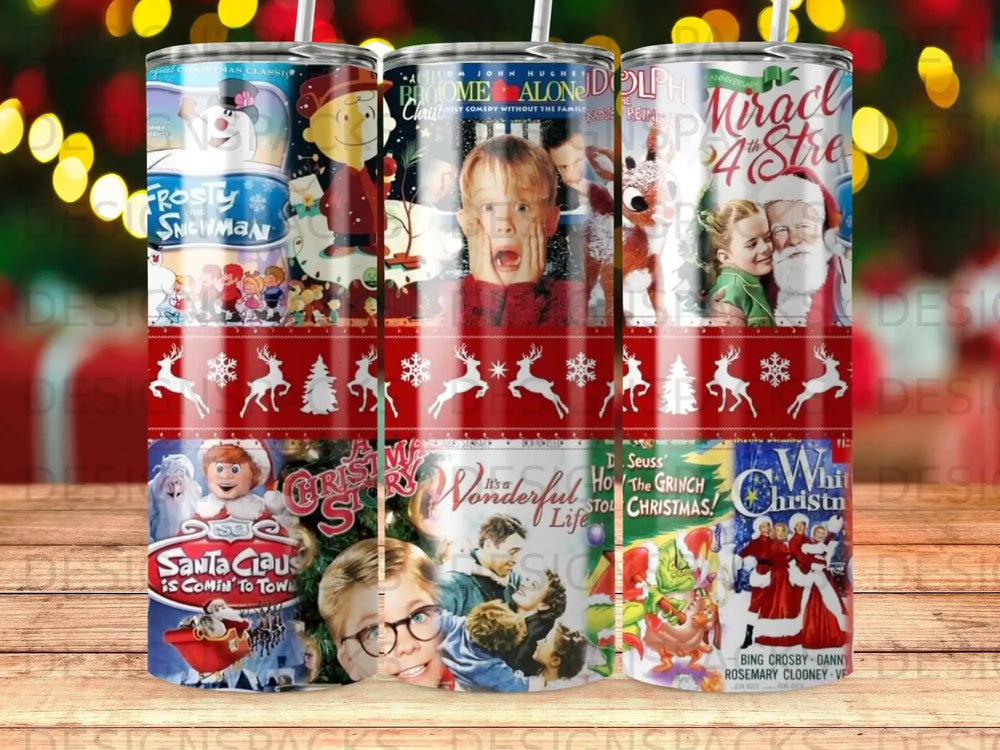 Collage of classic Christmas movie posters and characters on a tumbler.