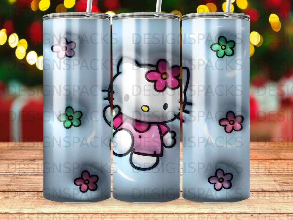 Pink and white Hello Kitty tumbler with "DESIGNSPACKS" watermark.
