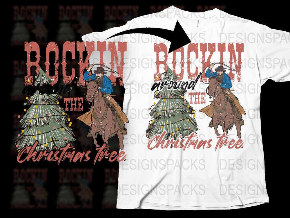 Rockin' Around the Christmas Tree Cowboy T-Shirt, Festive Western Holiday Tee, Unisex Full Graphic Shirt