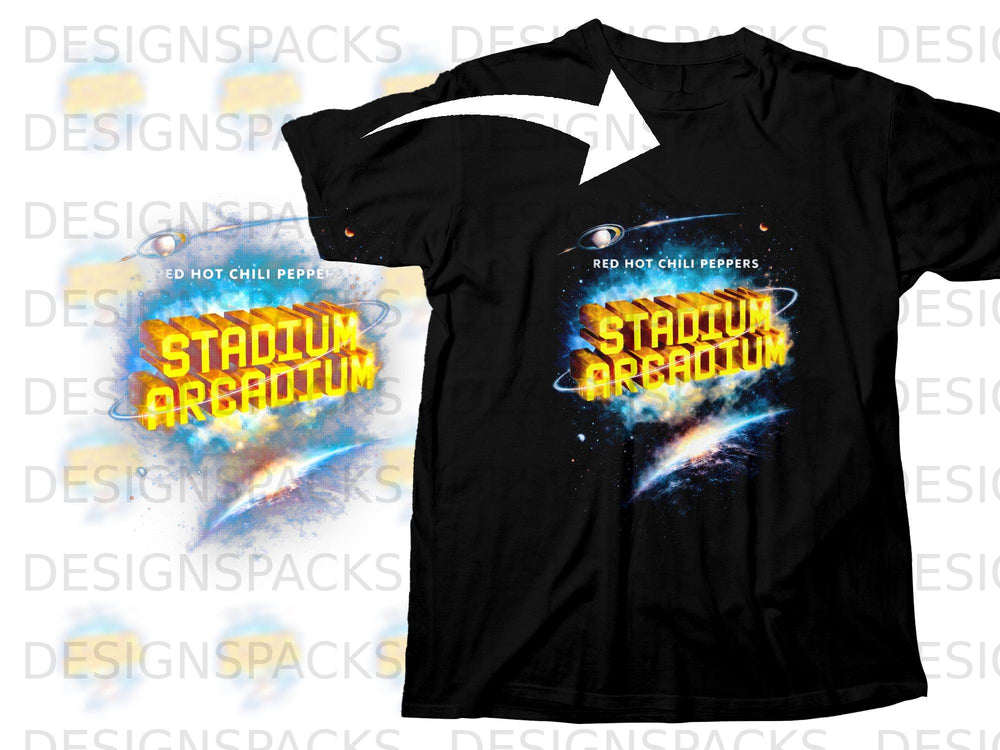 Black t-shirt with "Red Hot Chili Peppers Stadium Arcadium" album art.