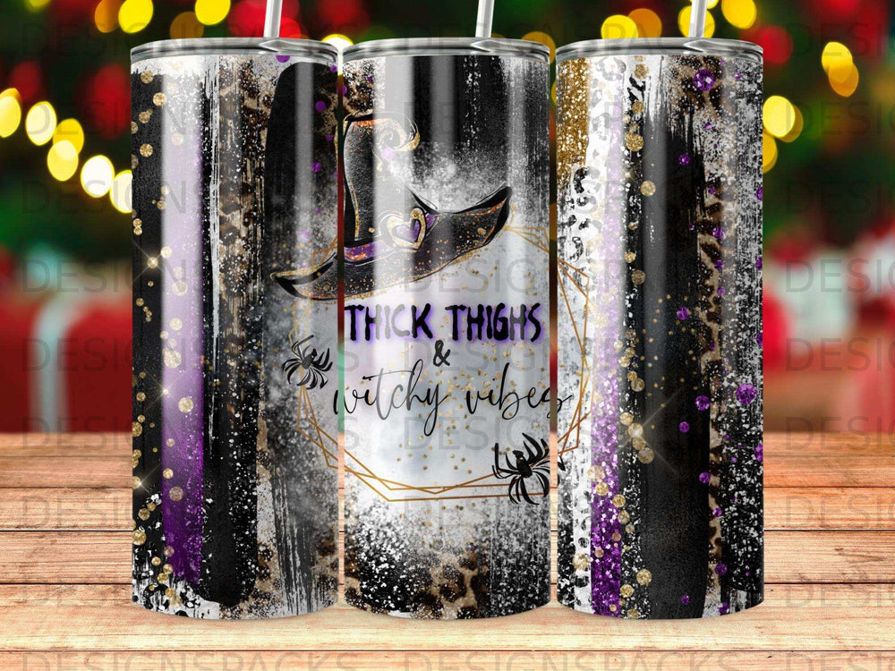 Tumbler with witch hat, spiders, and "Thick Thighs & Witchy Vibes" text.