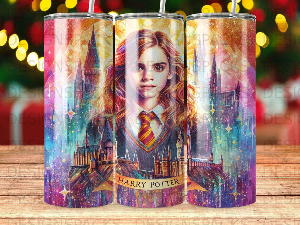 Harry Potter character with Hogwarts castle and magical starry background.