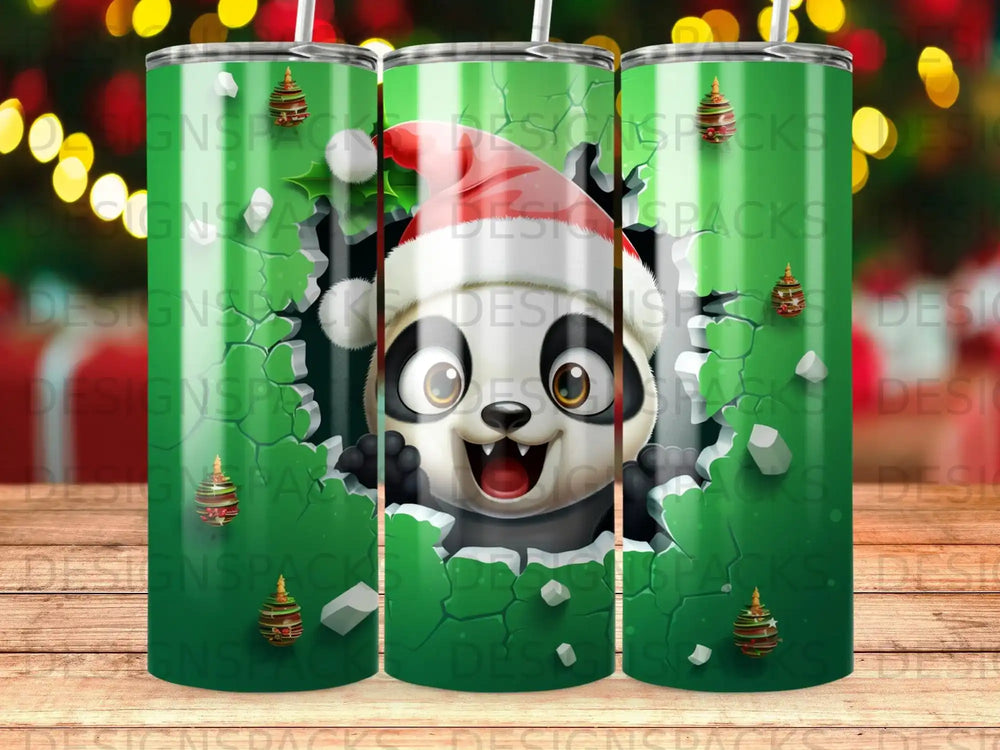 Cute panda in Santa hat peeking through torn green background with Christmas trees.