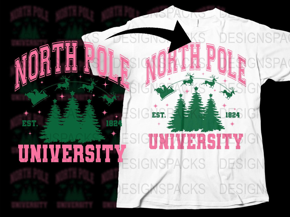 North Pole University T-Shirt, Retro Christmas Tree Graphic Tee, Vintage Style Holiday Apparel