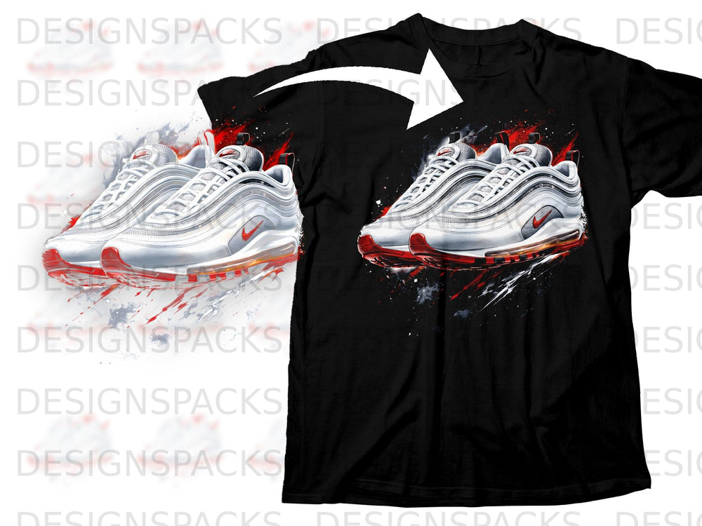 Black t-shirt with graphic of white and red athletic shoes with paint splatter.