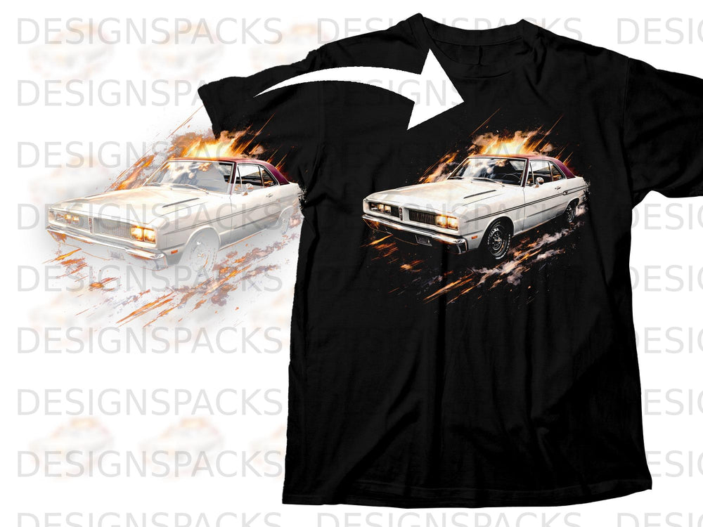 Black t-shirt with a white vintage car graphic surrounded by flames and smoke.