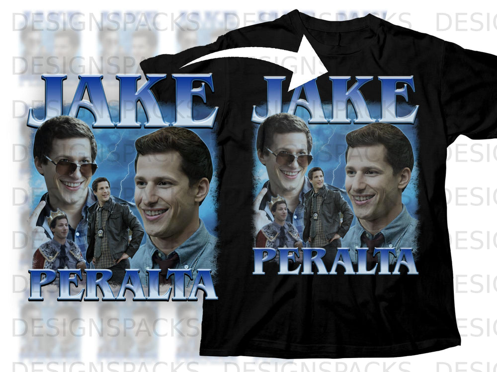 Black t-shirt with "JAKE PERALTA" text and collage of the character.