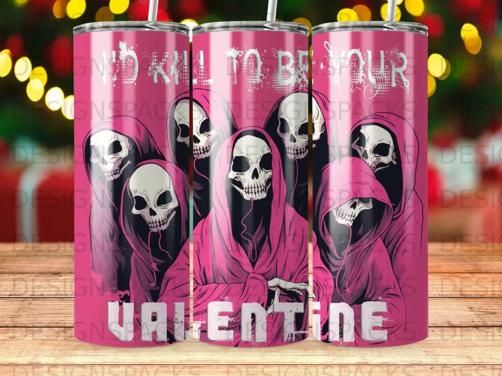 Skulls wearing pink hoods with "Valentine" text.