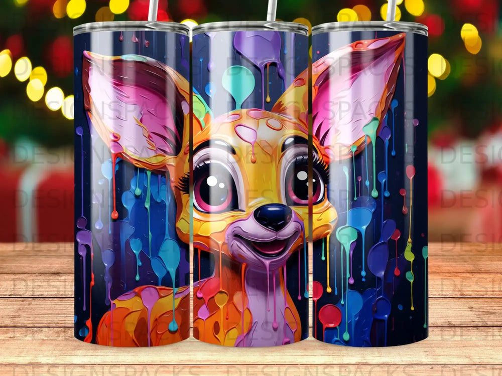 Colorful cartoon fawn with bright eyes and dripping paint accents.