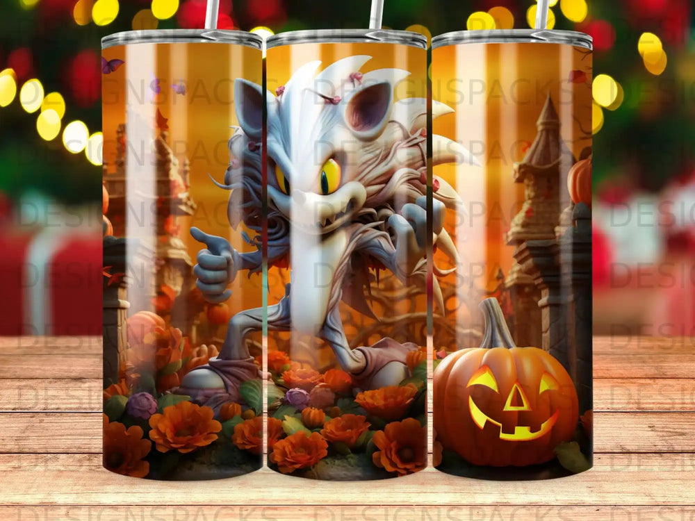 Spooky cartoon creature with pumpkin and flowers on a tumbler.
