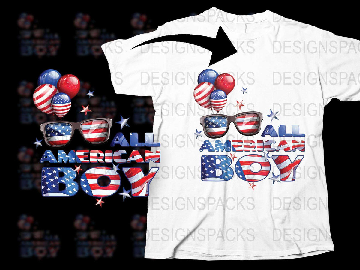 American Boy T-Shirt Patriotic USA Flag Sunglasses Fireworks White Tee for Kids and Adults