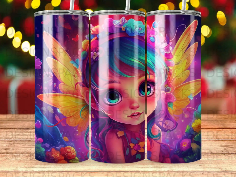 Fairy character with colorful wings and hair on a tumbler.