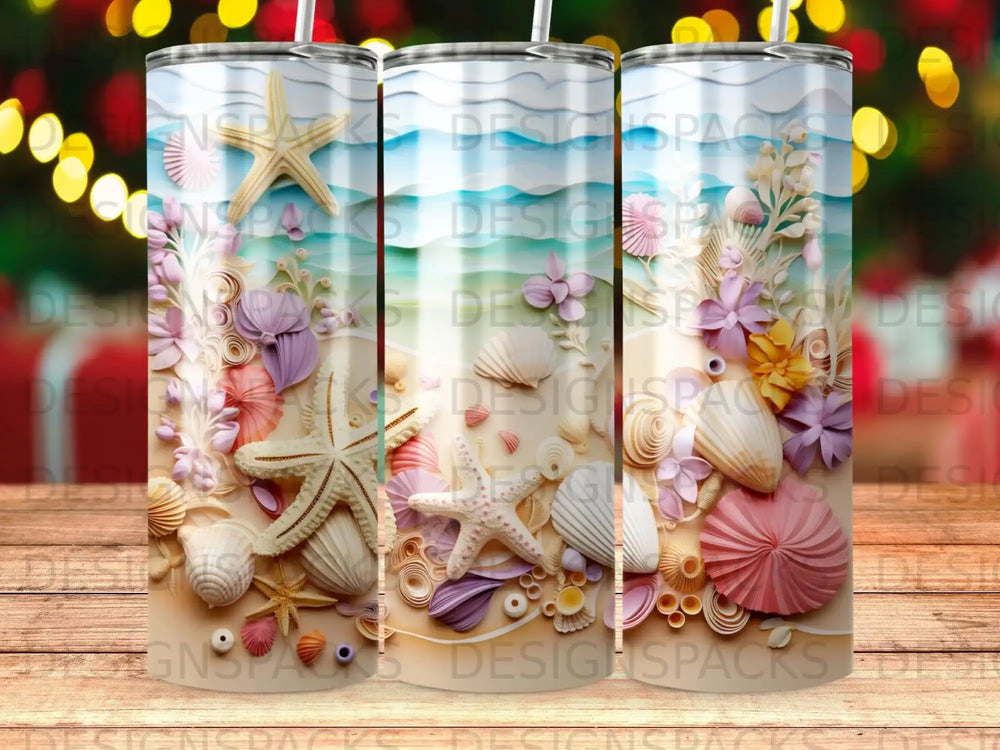 Beach shells and starfish design on a tumbler.