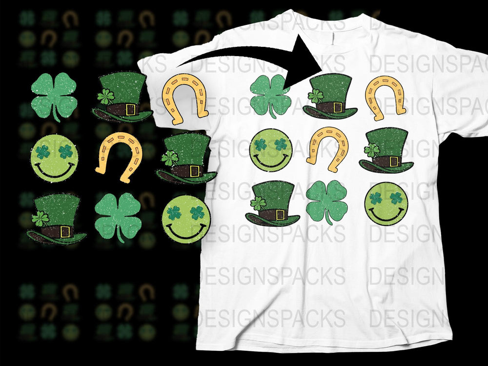 St. Patrick's Day T-Shirt, Lucky Clover and Horseshoe Print, Festive Irish Celebration Apparel, Unisex Cotton Tee