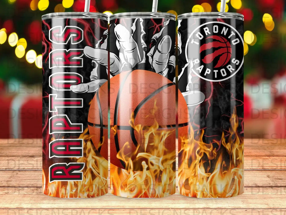 Toronto Raptors basketball with flames and team logo.