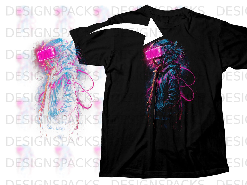 Black t-shirt featuring cyberpunk artwork of a person wearing VR goggles.