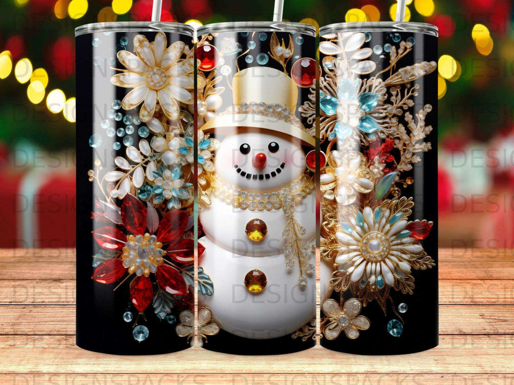 Snowman tumbler with ornate floral and jewel embellishments on black striped background.