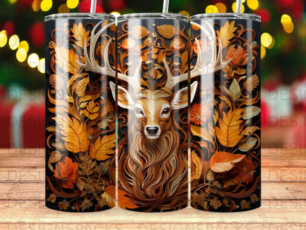 Deer with ornate antlers surrounded by autumn leaves on a black tumbler.