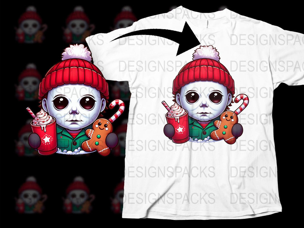 Cute Skull Christmas T-Shirt, Winter Holiday Tee, Gingerbread Cookie, Red Beanie Design, Kids and Adults Sizes