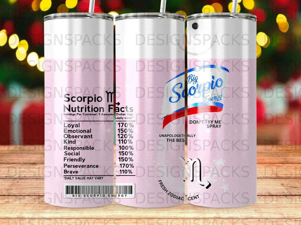 Tumbler with "Scorpio Energy" and "Nutrition Facts" label, featuring zodiac sign.