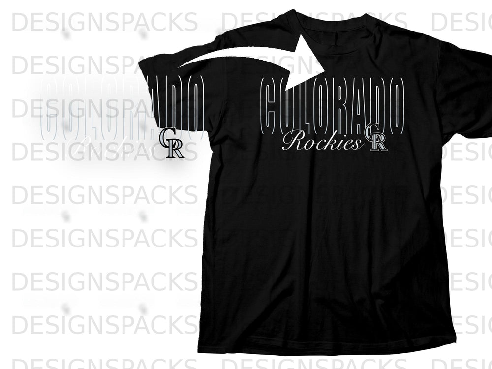 Black t-shirt with "COLORADO Rockies R" text and logo.