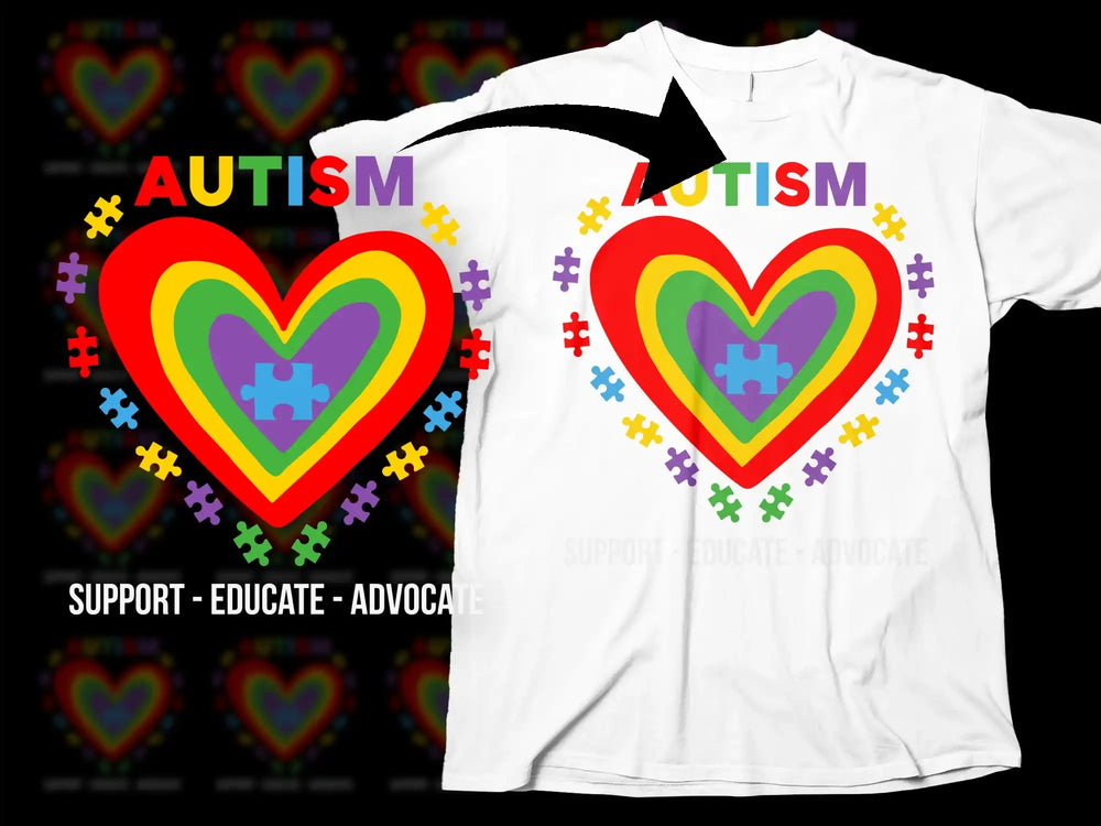 Autism Awareness T-Shirt, Colorful Heart Puzzle Design, Support Educate Advocate Tee