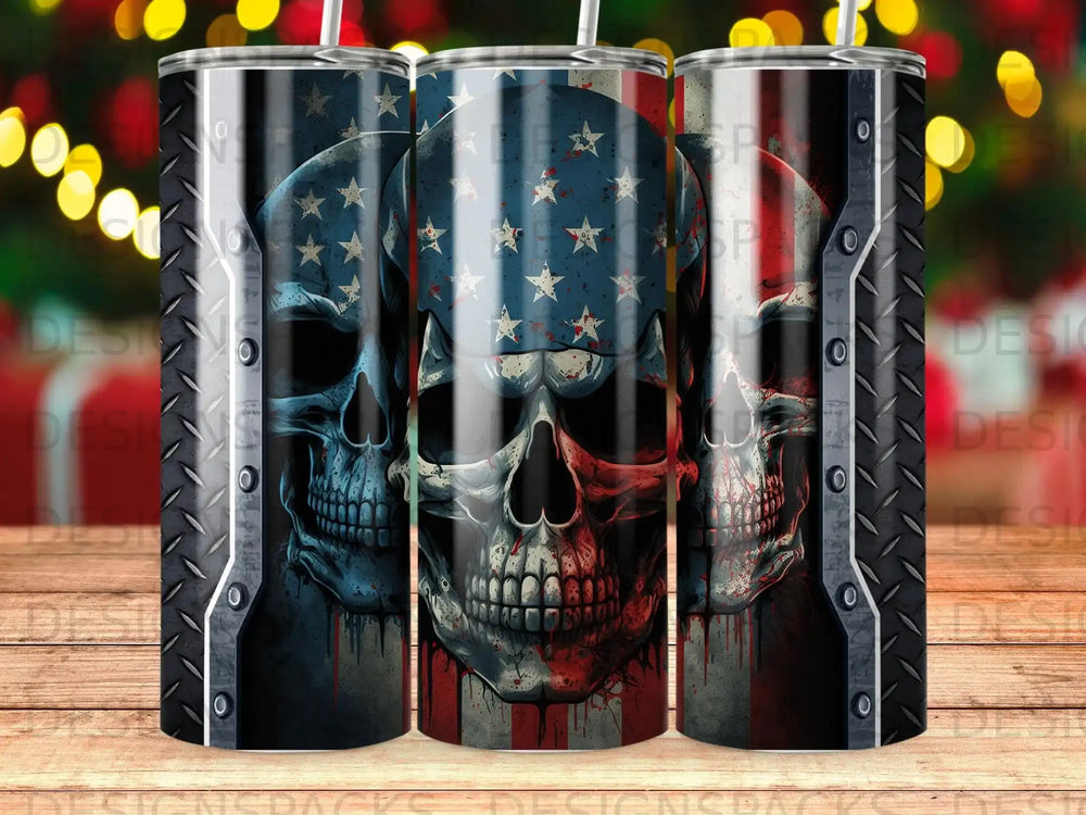 Three skulls with American flag patterns, one central skull, against a dark background.