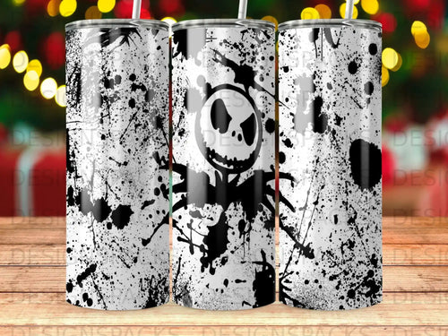 White tumbler with black Jack Skellington splatter design.