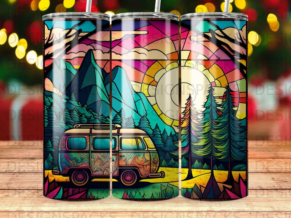 Colorful van and mountains under a stained-glass sun and sky.