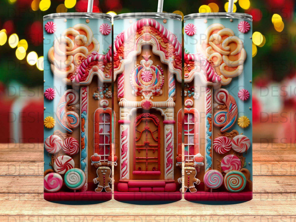 Gingerbread house with candy decorations and cookies, featuring a festive background.