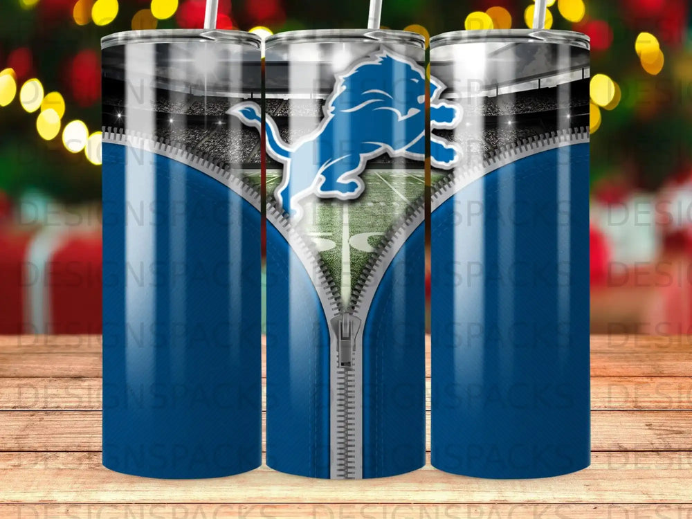 Detroit Lions logo on a blue zipper background with a football stadium.