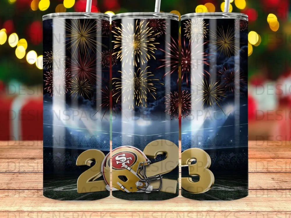 San Francisco 49ers helmet and "2023" text with fireworks over stadium.